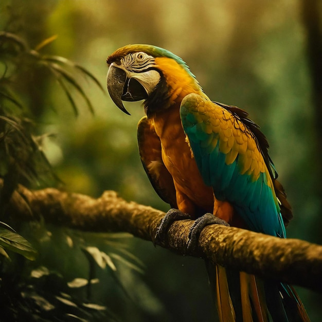 El guacamayo vibrante se alza en una rama en el bosque