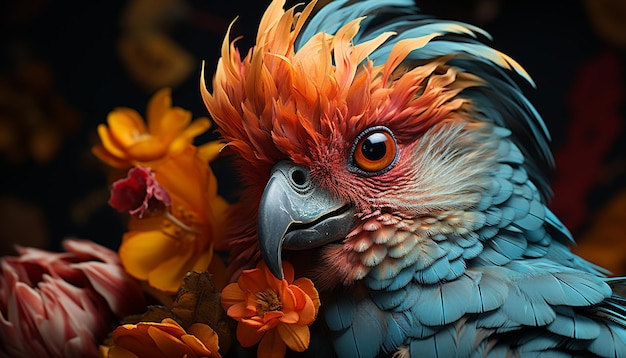 Guacamayo vibrante posado en plumas de rama que muestra la belleza colorida de la naturaleza generada por inteligencia artificial