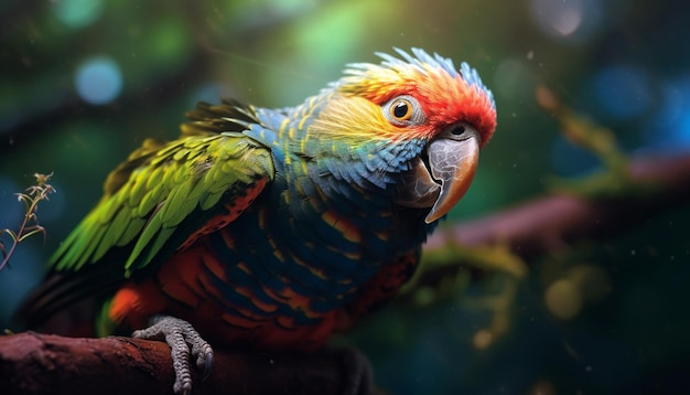 Un guacamayo vibrante posado en una rama que muestra la belleza colorida de la naturaleza generada por la inteligencia artificial