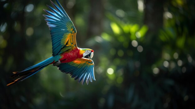 Guacamayo volador hermoso pájaro Guacamayo loro volando en vegetación verde oscuro Guacamaya roja en tropical