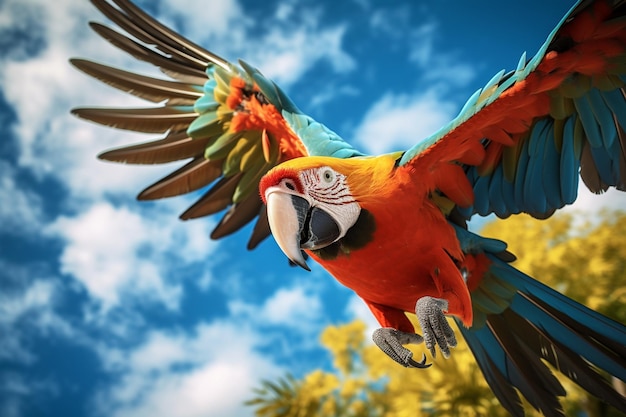 un guacamayo volando con un cielo azul y flores amarillas en el fondo