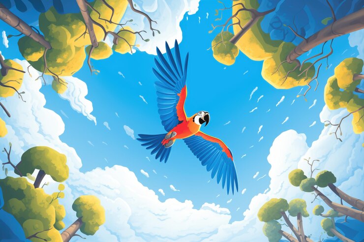 El guacamayo en vuelo contra las copas de los árboles del cielo azul de abajo