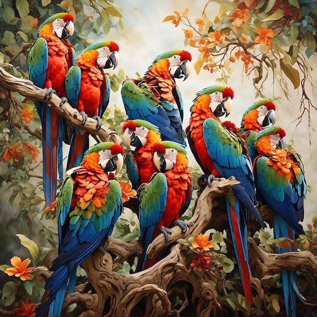 Los guacamayos se alzaron en lo alto de una rama retorcida sus plumas una deslumbrante exhibición de belleza Ai generado