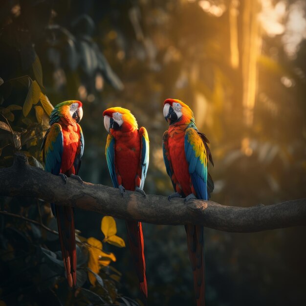 Guacamayos coloridos encaramados en una rama de árbol AI generativa