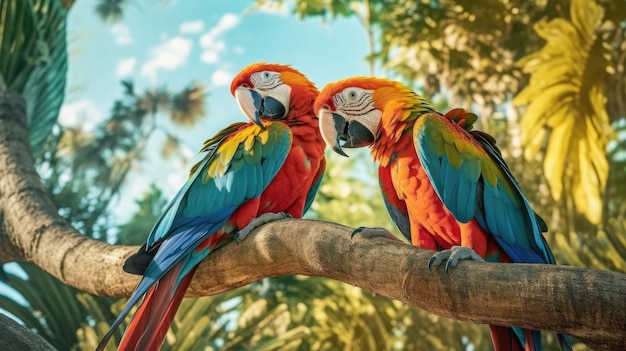 Guacamayos coloridos posados en un árbol