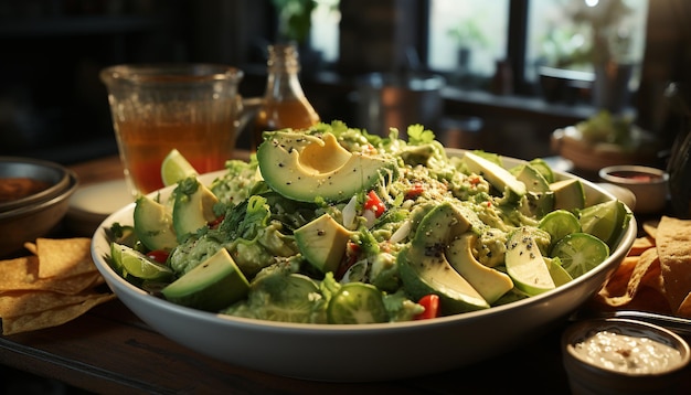 Guacamole de aguacate fresco, una comida vegetariana saludable en un plato de madera generado por inteligencia artificial