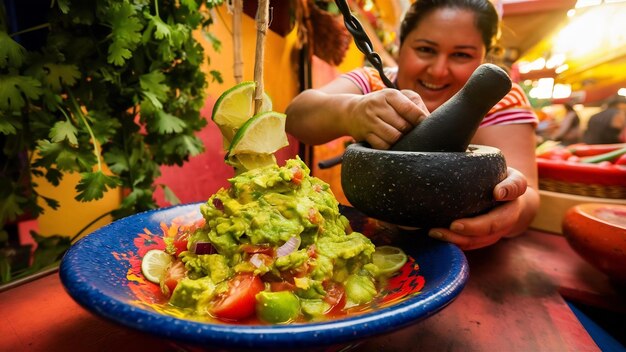 Foto guacamole de aguacate en molcajete verdadero mexicano