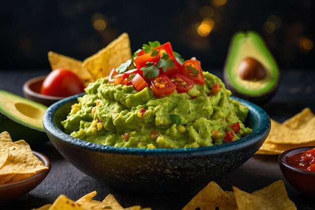 Guacamole de aguacate servido con nachos y sa