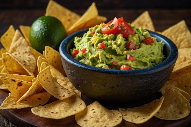 Guacamole casero servido con papas fritas de nacho