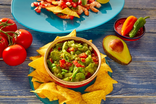 Guacamole com abacate tomate e nachos