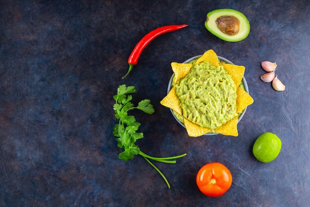 Guacamole com ingredientes e nachos tortilla chips