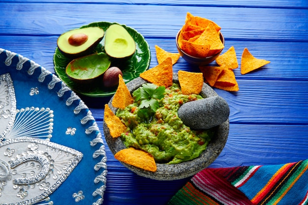 Guacamole com nachos em molcajete mexicana