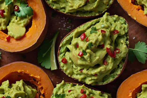 Foto guacamole cubierto con patatas dulces al horno s