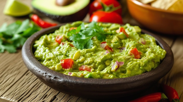 Guacamole-Dip in einer Schüssel, garniert mit frischen Kräutern