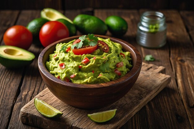 Guacamole-Dip-Schüssel auf einem rustikalen Holztisch