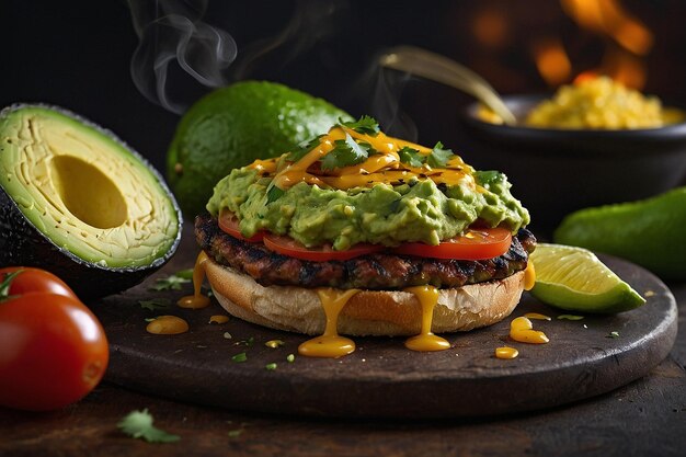 Foto guacamole esparcido en una hamburguesa vegetal a la parrilla