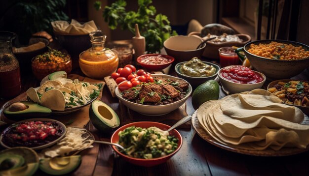 Guacamole feito na hora e tacos de tomate servidos rústicos gerados por IA