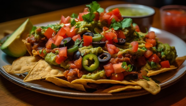 Guacamole fresco e tomate em tortilha crocante gerada por IA