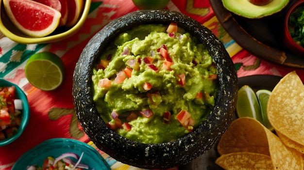 Guacamole fresco y humeante en un cuenco de piedra con papas fritas de tortilla