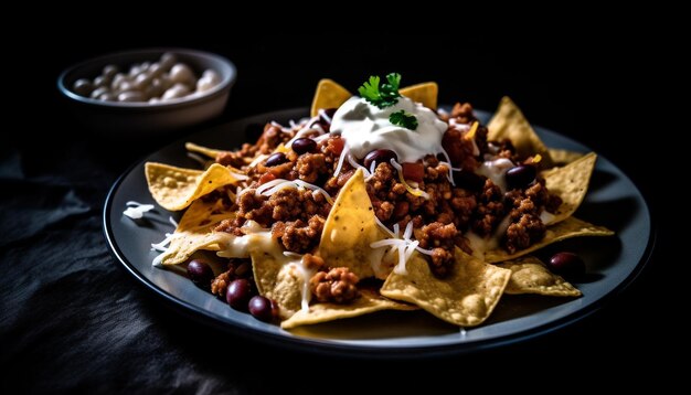 Guacamole fresco y taco de res sobre tortilla casera generado por IA