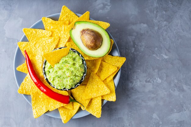 Guacamole con ingredientes y totopos sobre fondo gris