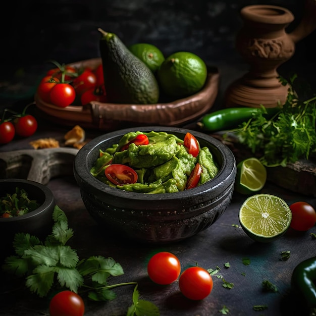 Guacamole mexicano com tomate cereja em fundo rústico