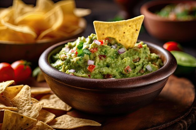 Guacamole mexicano tradicional com nachos em tigela de barro na mesa de madeira