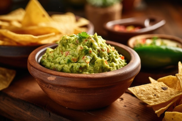 Guacamole mexicano tradicional con nachos en cuenco de arcilla sobre mesa de madera