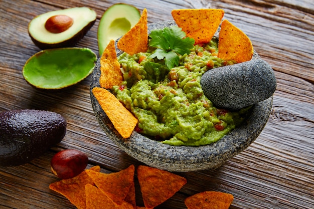 Guacamole Con Nachos En Molcajete Mexicano