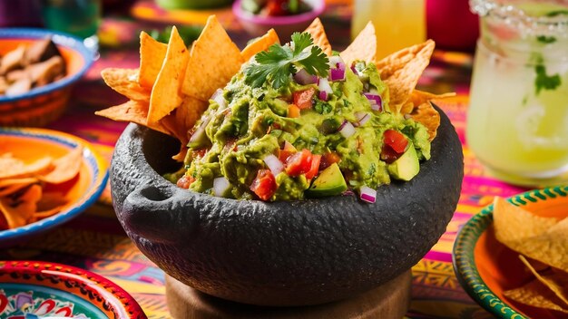 Foto guacamole con nachos en el molcajete mexicano