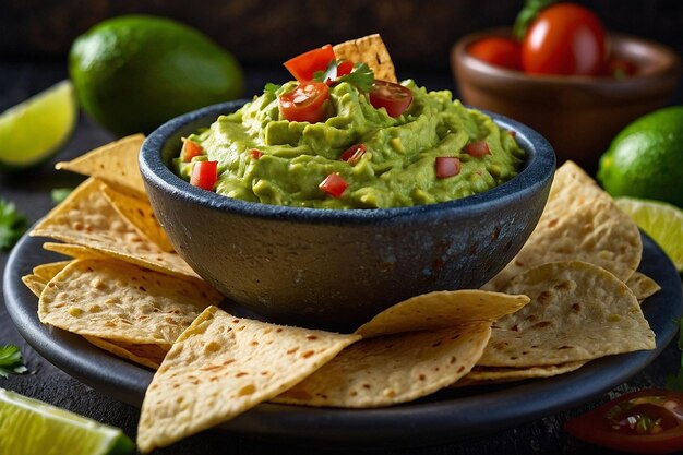 Guacamole recién hecho servido con tortilla crujiente