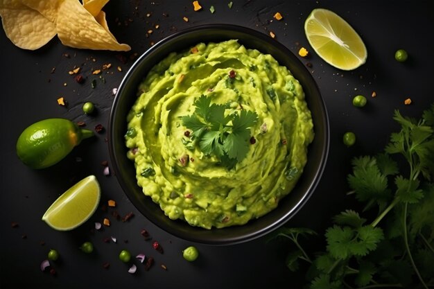 Foto guacamole sabroso de alto ángulo en el concepto de espacio de copia del cuenco generar ia