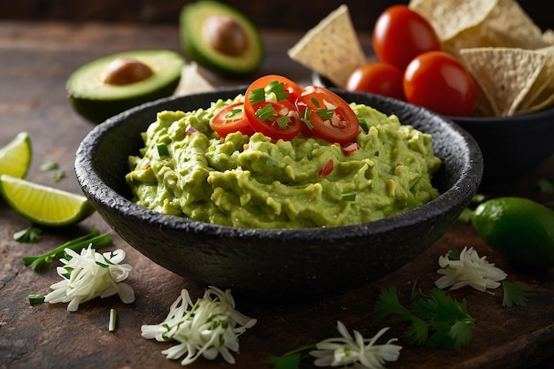 Guacamole en salsa adornado con cebolla fresca