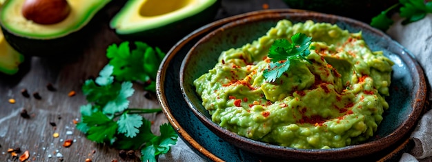 Foto guacamole-sauce auf einem teller selektiver fokus