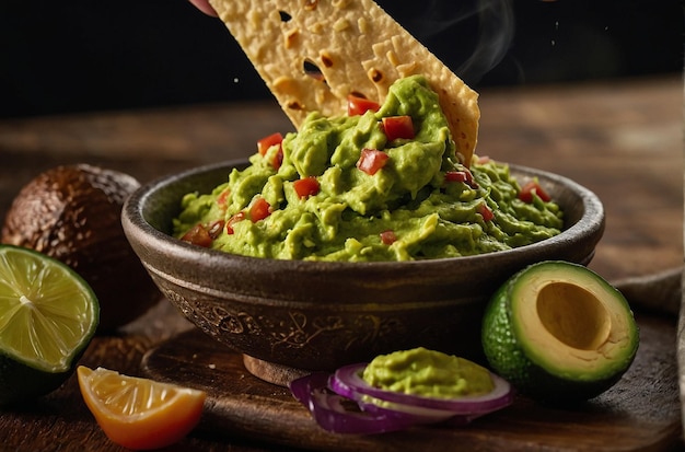 Foto guacamole sendo recolhido com uma tortilla chip