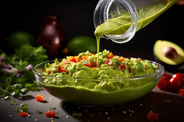 Guacamole sendo servido em um prato com uma variedade de opções de mergulho