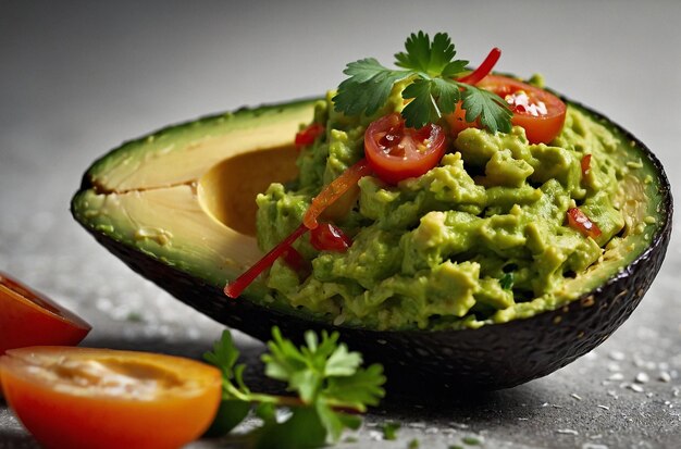 Guacamole servido en una cáscara de aguacate con guarniciones