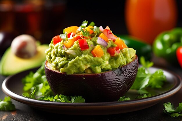 Foto guacamole servido en un cuenco de madera rústico con un lado de salsa