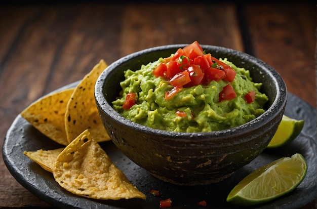 Guacamole servido con un lado de salsa picante para dippin