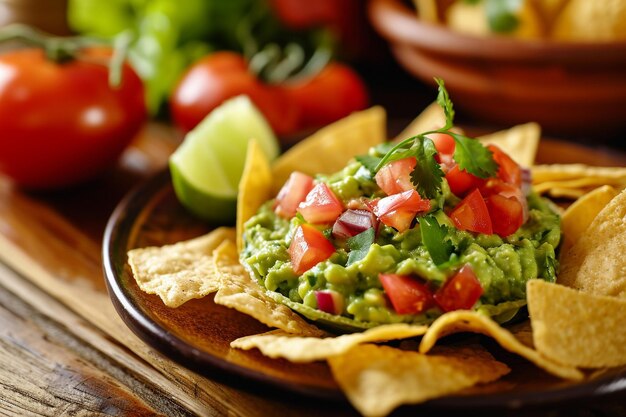 Guacamole taco com tortilla chips cilantro tomate frescura molho de carne