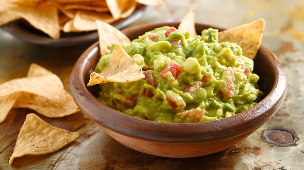 Foto guacamole tradicional mexicano em um molcajete com tortilla chips