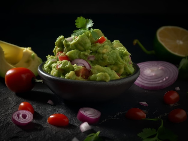 guacamole con trozos de tomate y cebolla mezclados