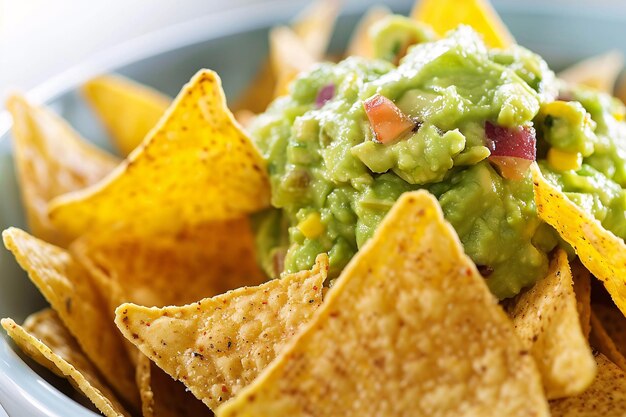 Guacamole verde con nachos de maíz tortilla en un cuenco