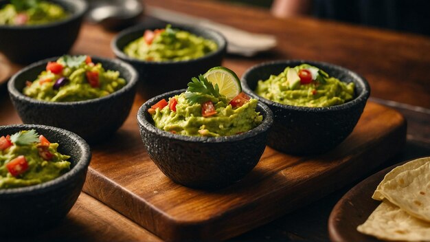 Foto guacamole wird in einzelnen portionsbechern serviert