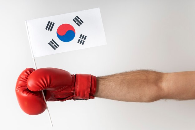 Guante de boxeo con la bandera de Corea del Sur. El boxeador sostiene la bandera de Corea del Sur. Fondo blanco.