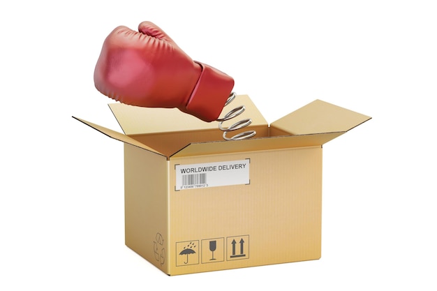 Guante de boxeo saliendo de una caja de cartón renderizado 3D