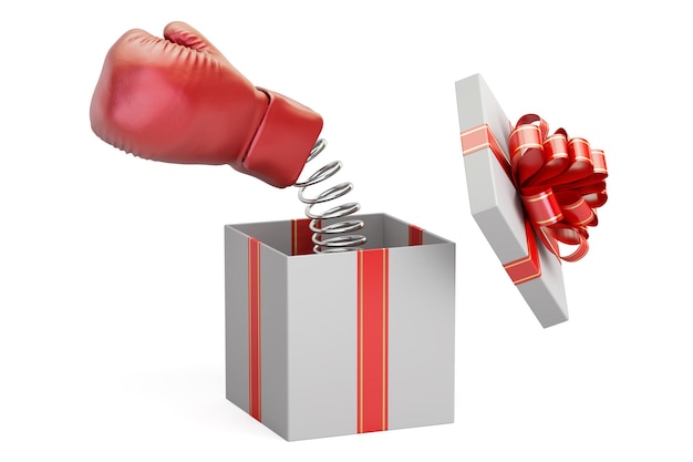 Guante de boxeo saliendo de una caja de regalo renderizado 3D