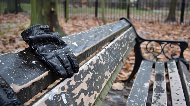 Foto un guante de cuero negro descansa en un banco de madera en un parque