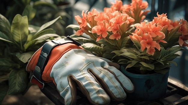 Foto guante descansando en la pila de tierra herramientas de jardinería y trabajo concepto de primavera