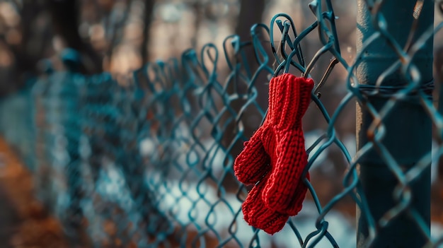 Foto un guante rojo cuelga de una valla de enlace de cadena